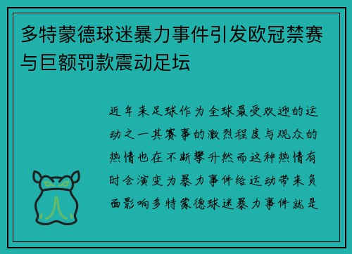 多特蒙德球迷暴力事件引发欧冠禁赛与巨额罚款震动足坛